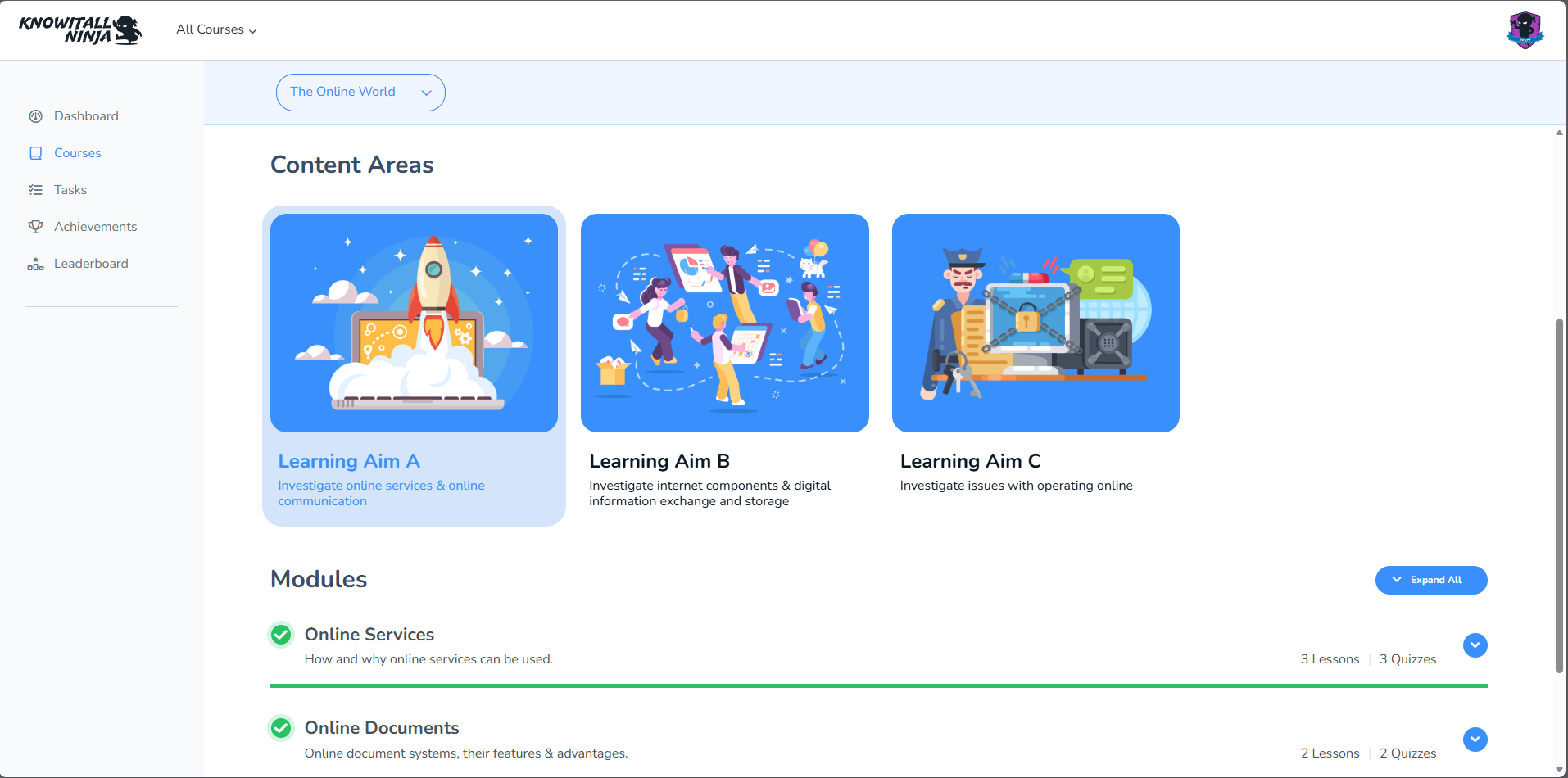 KnowItAll Ninja platform showing Unit 1 completed